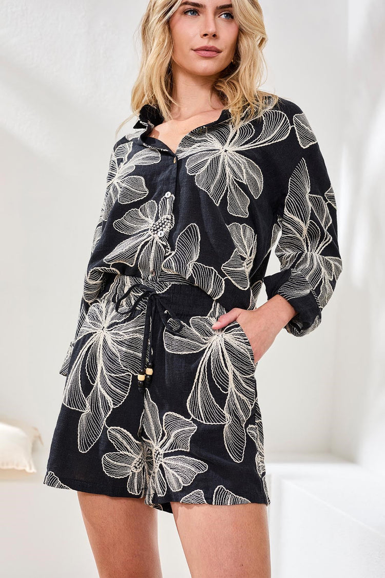 TRIBAL LONG SLEEVE BUTTON FRONT EMBROIDERED BLOUSE