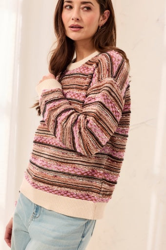 TRIBAL CREW NK SWTR W/ CONTRAST RIB-M NOSTALGIA