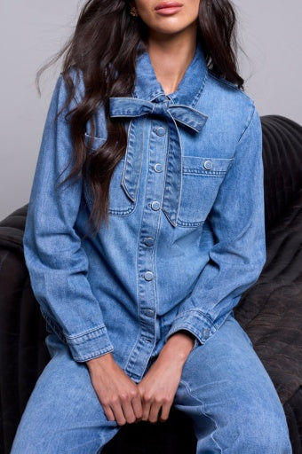 TRIBAL DENIM BLOUSE W/ REMOVABLE SELF TIE-CAMPUSBLUE